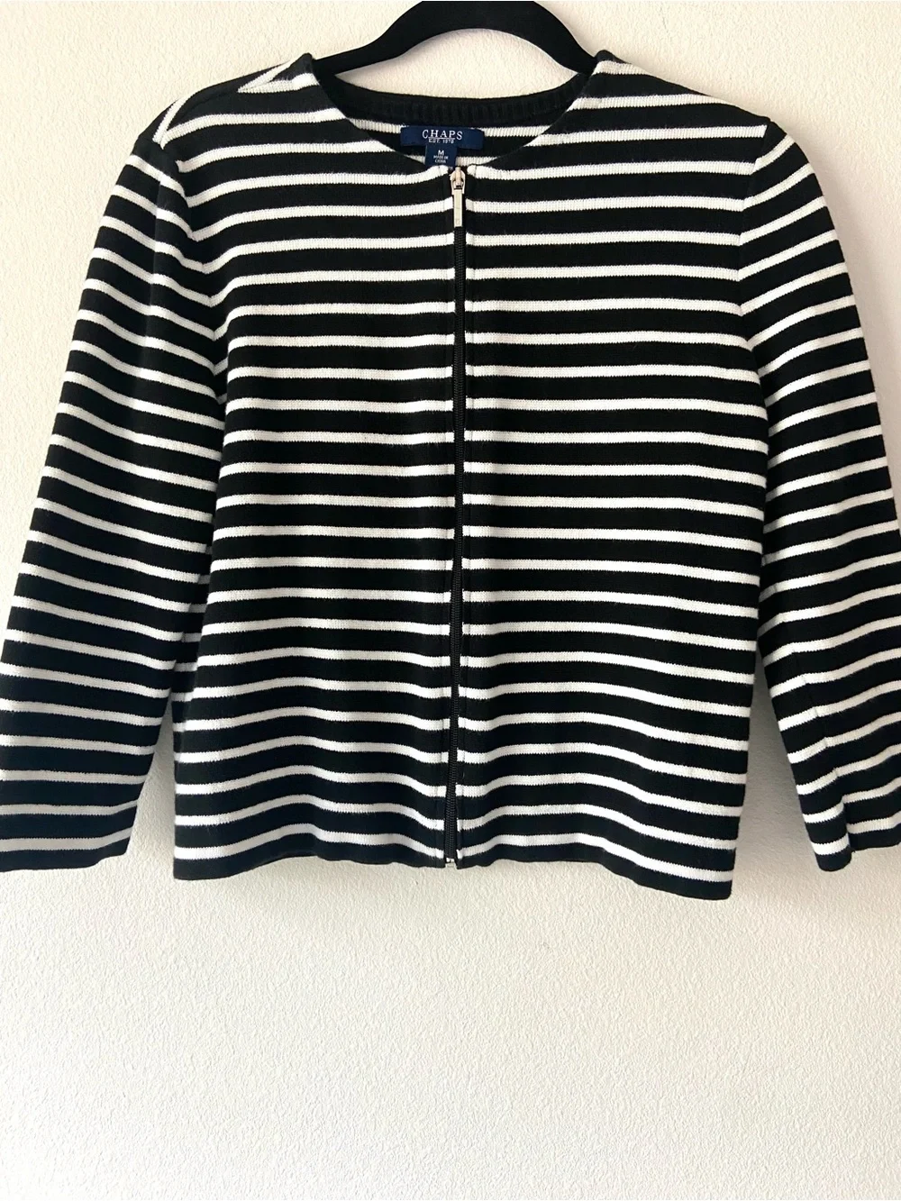 CHAPS Black White Striped Zip Front Cardigan Sweater Medium 100% Cotton